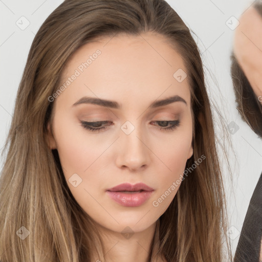 Neutral white young-adult female with long  brown hair and brown eyes