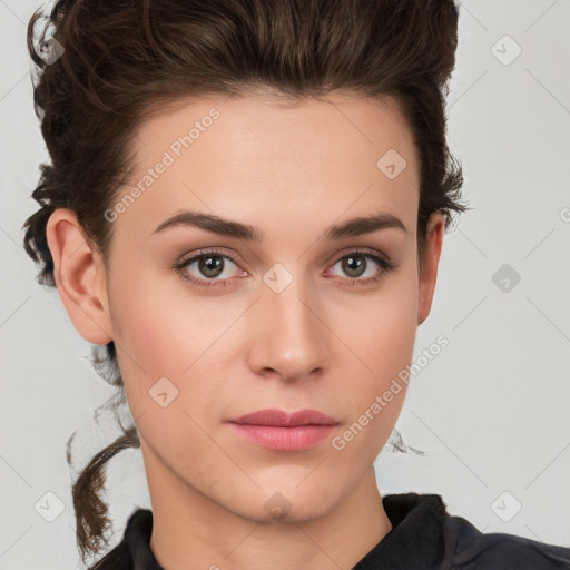 Neutral white young-adult female with short  brown hair and brown eyes