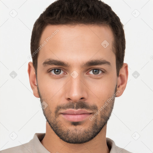 Neutral white young-adult male with short  brown hair and brown eyes