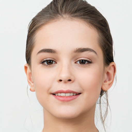 Joyful white child female with medium  brown hair and brown eyes