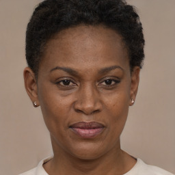 Joyful black adult female with short  brown hair and brown eyes