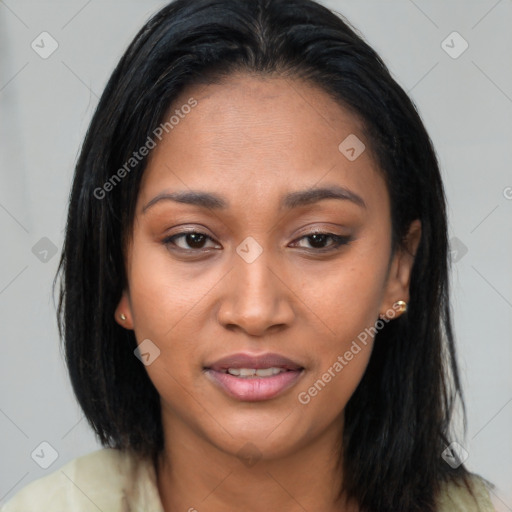 Joyful asian young-adult female with medium  brown hair and brown eyes