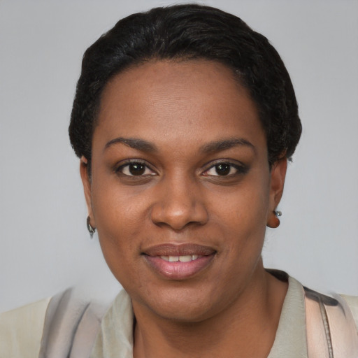 Joyful black young-adult female with short  black hair and brown eyes