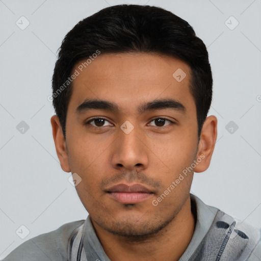 Neutral asian young-adult male with short  black hair and brown eyes