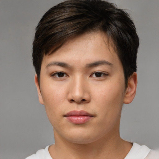 Neutral asian young-adult female with short  brown hair and brown eyes