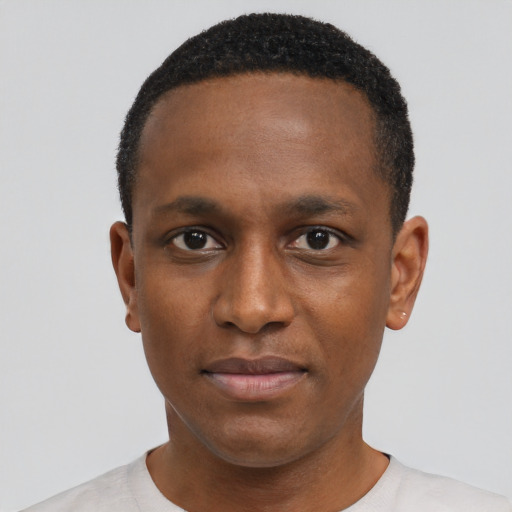 Neutral black young-adult male with short  black hair and brown eyes