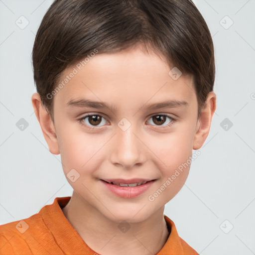 Joyful white child male with short  brown hair and brown eyes