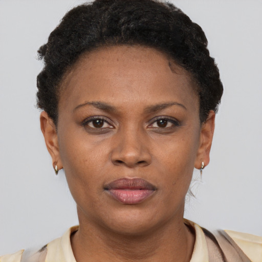 Neutral black young-adult female with short  brown hair and brown eyes