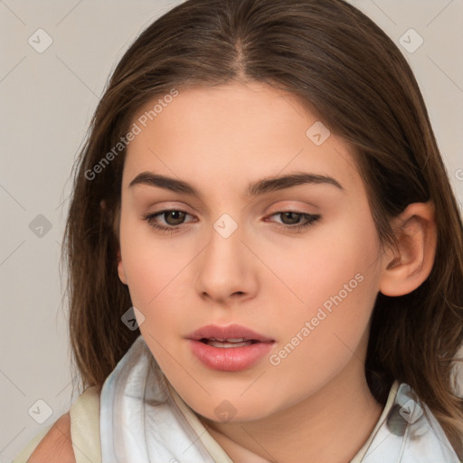 Neutral white young-adult female with medium  brown hair and brown eyes