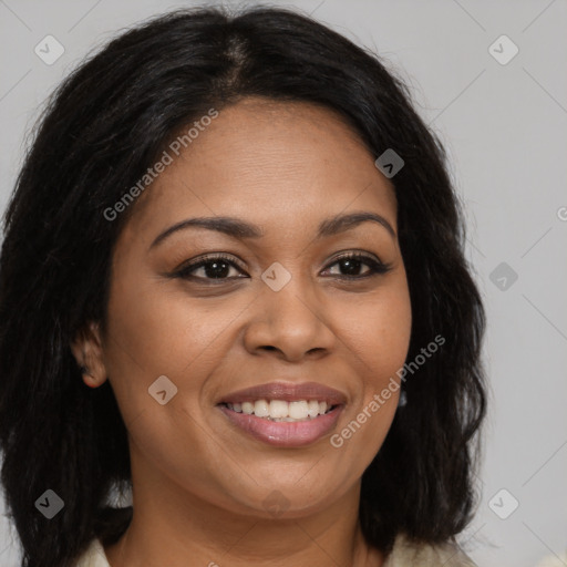 Joyful latino young-adult female with long  brown hair and brown eyes