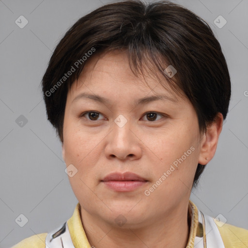 Joyful white adult female with short  brown hair and brown eyes