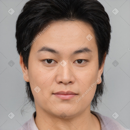 Neutral asian young-adult female with medium  black hair and brown eyes