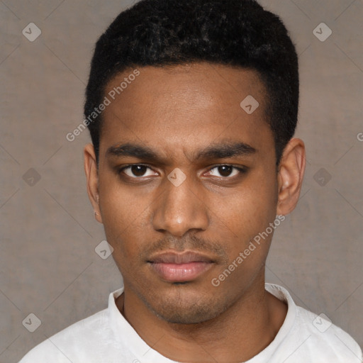 Neutral latino young-adult male with short  black hair and brown eyes