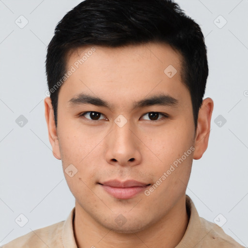 Neutral white young-adult male with short  black hair and brown eyes