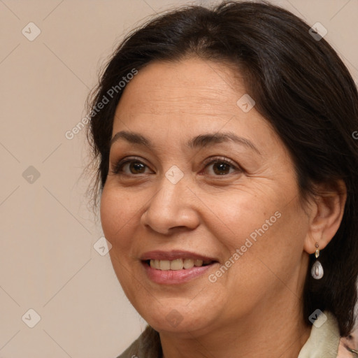 Joyful white adult female with medium  brown hair and brown eyes