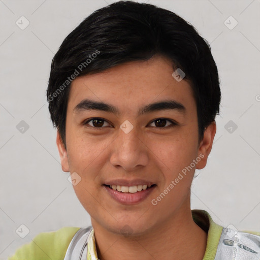 Joyful white young-adult male with short  black hair and brown eyes