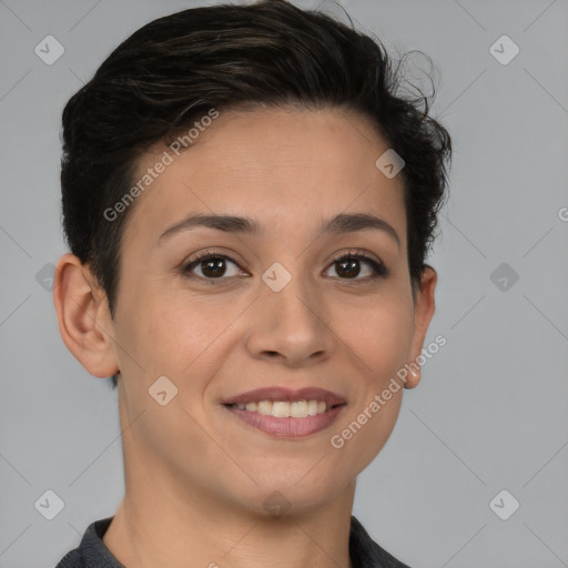 Joyful white young-adult female with short  brown hair and brown eyes