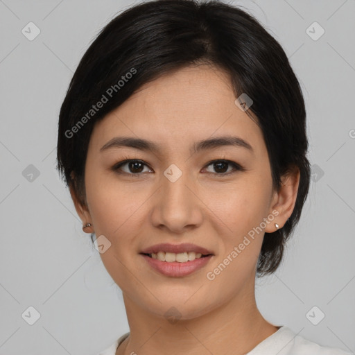 Joyful asian young-adult female with medium  black hair and brown eyes