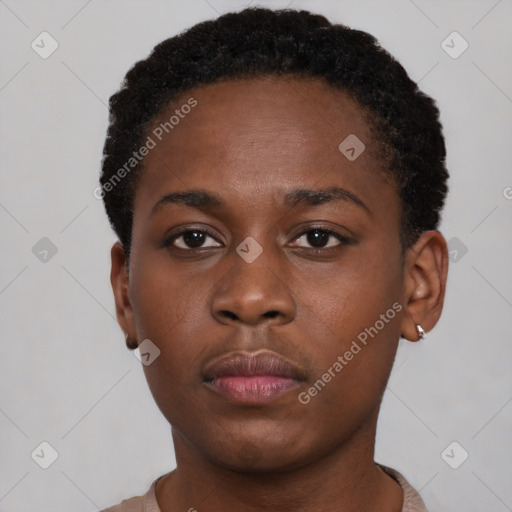 Neutral black young-adult female with short  brown hair and brown eyes