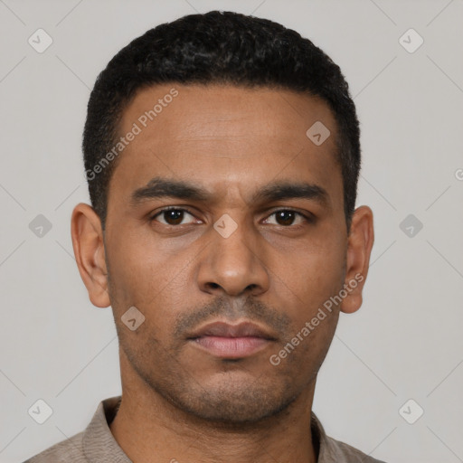 Neutral latino young-adult male with short  black hair and brown eyes