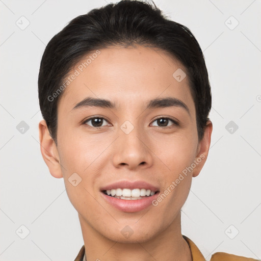 Joyful white young-adult female with short  brown hair and brown eyes