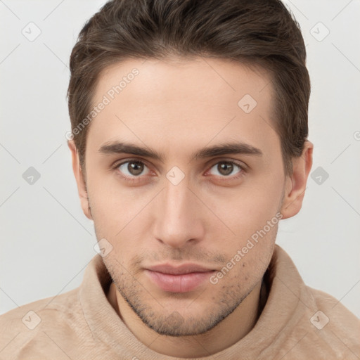 Neutral white young-adult male with short  brown hair and brown eyes