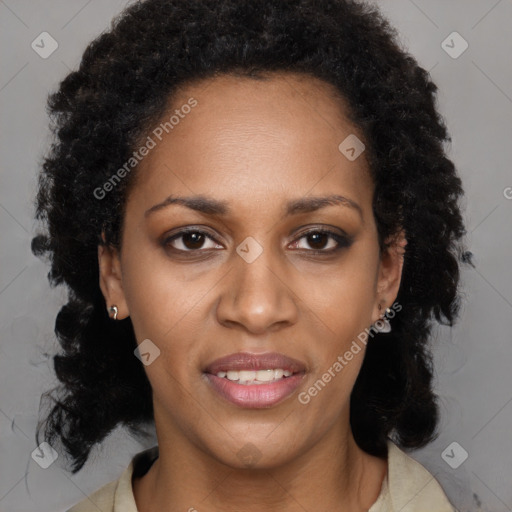 Joyful black young-adult female with medium  brown hair and brown eyes