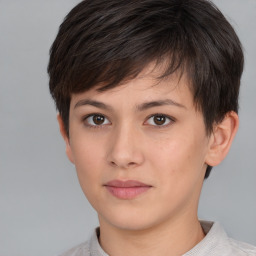 Neutral white young-adult female with short  brown hair and brown eyes