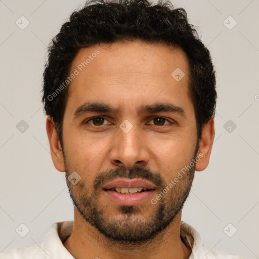 Neutral white young-adult male with short  black hair and brown eyes