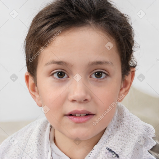 Joyful white child female with short  brown hair and brown eyes