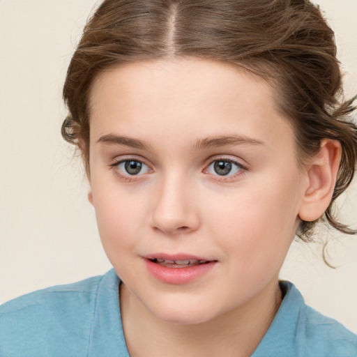 Joyful white child female with medium  brown hair and blue eyes