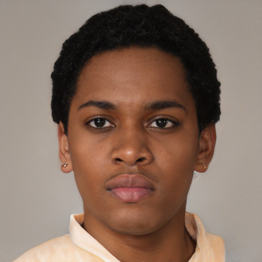 Neutral latino young-adult female with short  black hair and brown eyes