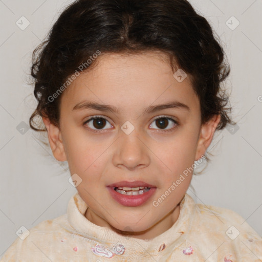 Joyful white child female with medium  brown hair and brown eyes