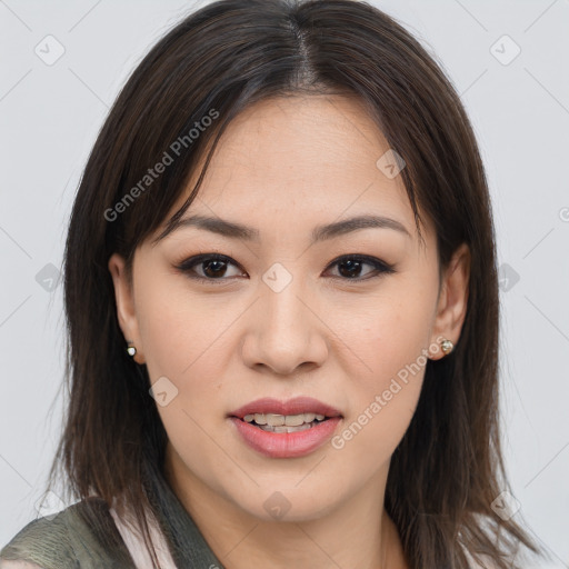 Joyful asian young-adult female with medium  brown hair and brown eyes