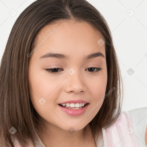 Joyful white child female with long  brown hair and brown eyes