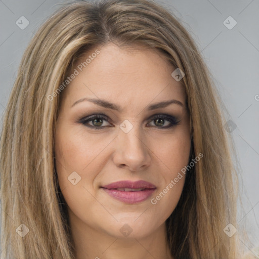 Joyful white young-adult female with long  brown hair and brown eyes