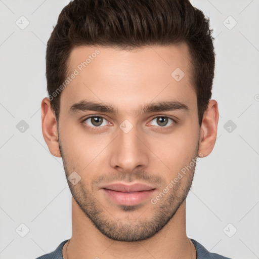 Joyful white young-adult male with short  brown hair and brown eyes