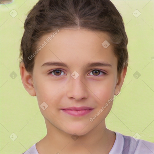 Joyful white child female with short  brown hair and brown eyes