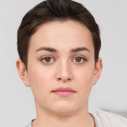 Neutral white young-adult female with short  brown hair and brown eyes