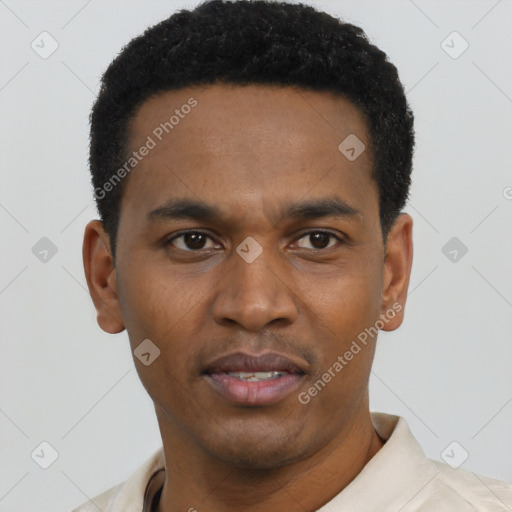 Neutral latino young-adult male with short  black hair and brown eyes