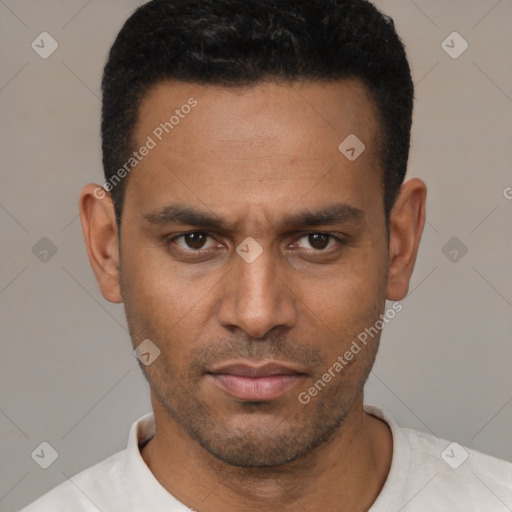 Neutral latino young-adult male with short  black hair and brown eyes