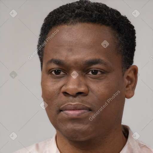 Joyful latino young-adult male with short  brown hair and brown eyes