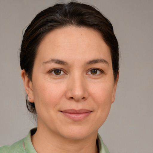 Joyful white adult female with medium  brown hair and brown eyes