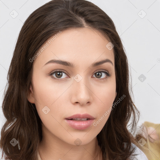 Neutral white young-adult female with medium  brown hair and brown eyes