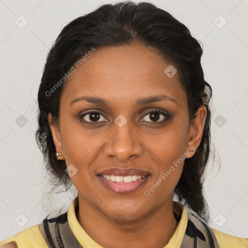 Joyful latino young-adult female with medium  brown hair and brown eyes