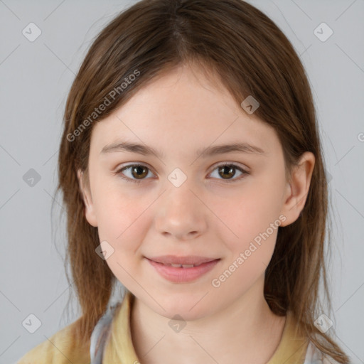 Joyful white child female with medium  brown hair and brown eyes