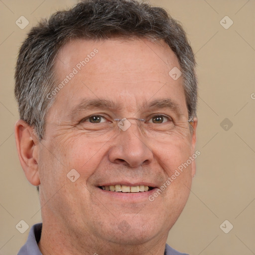 Joyful white middle-aged male with short  brown hair and brown eyes