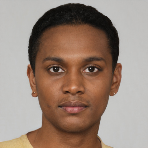 Neutral black young-adult male with short  black hair and brown eyes