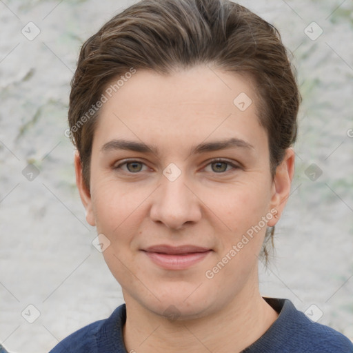 Joyful white young-adult female with short  brown hair and grey eyes