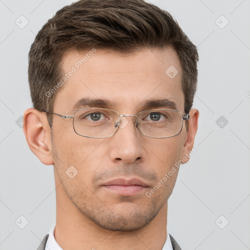 Neutral white adult male with short  brown hair and brown eyes